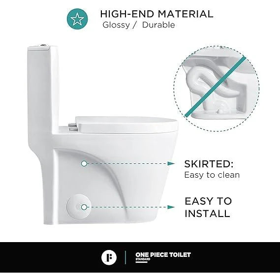 Dual-Flush Elongated One Piece Toilet Bowl - Soft Close Seat with High Efficiency Dual Flush in White