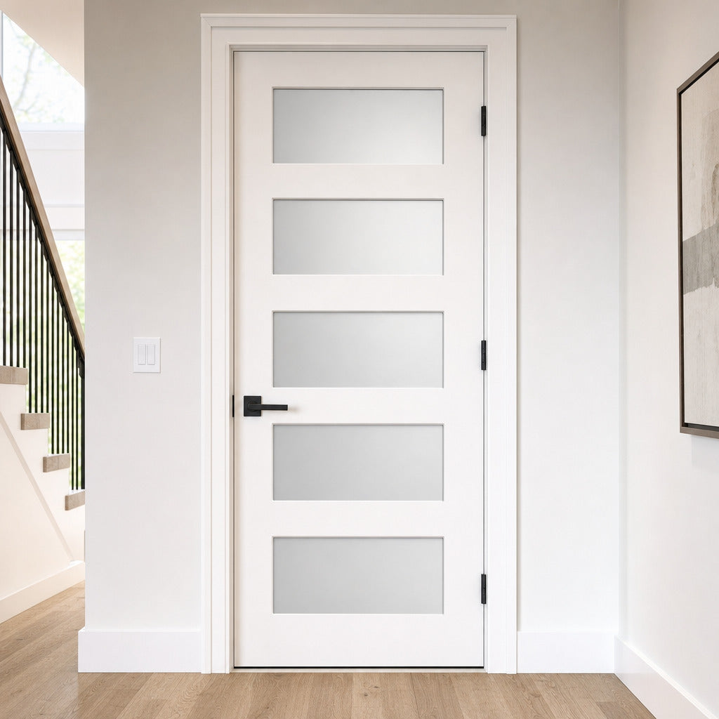 Frosted Glass 32-inch x 80-inch x 1-3/8-inch 5-Panel Interior Door Primed White With Tempered Glass