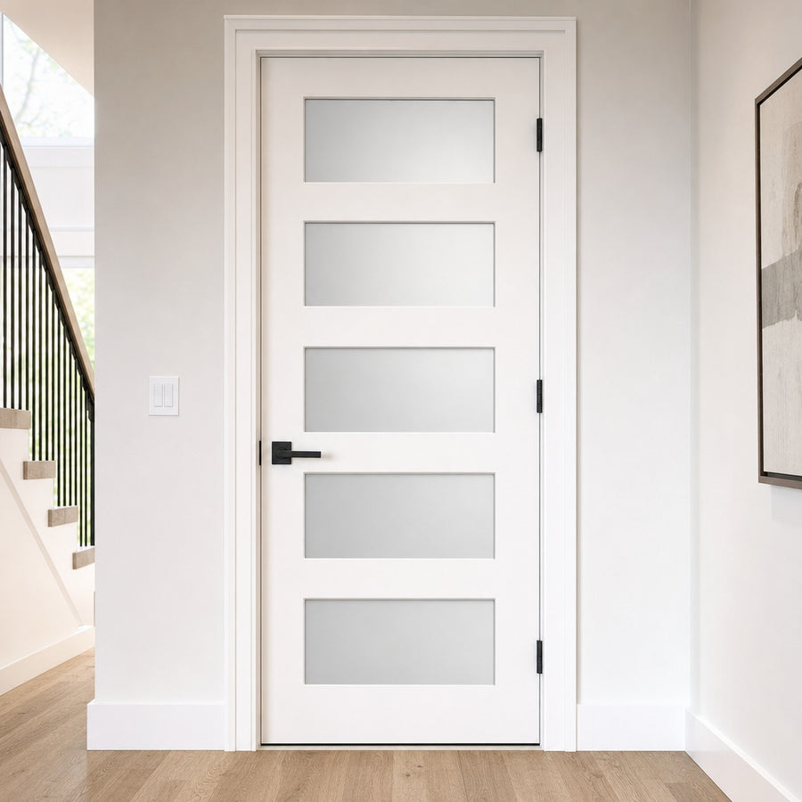 Frosted Glass 32-inch x 80-inch x 1-3/8-inch 5-Panel Interior Door Primed White With Tempered Glass