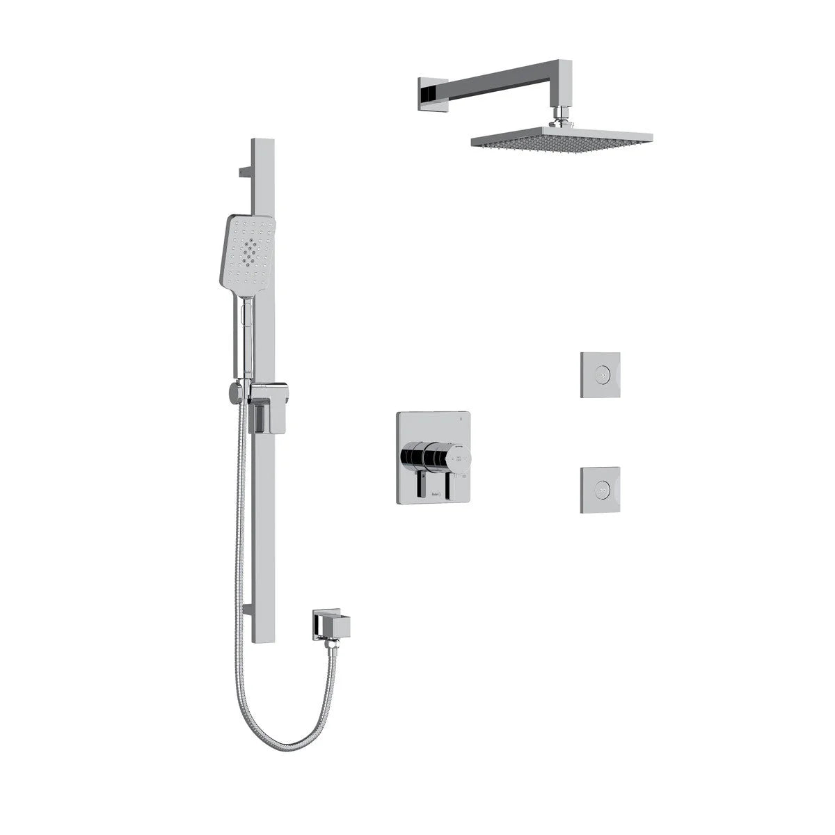Riobel Paradox Square 3-Way System, Hand Shower Rail, Elbow Supply, Shower Head and 2 Body Jets