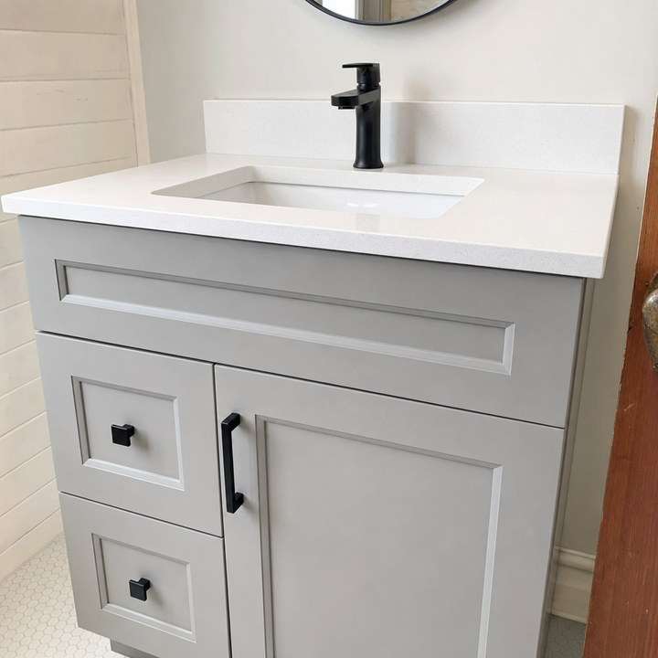 Tesoro 30-inch grey Shaker solid wood bathroom vanity with matte black handles
