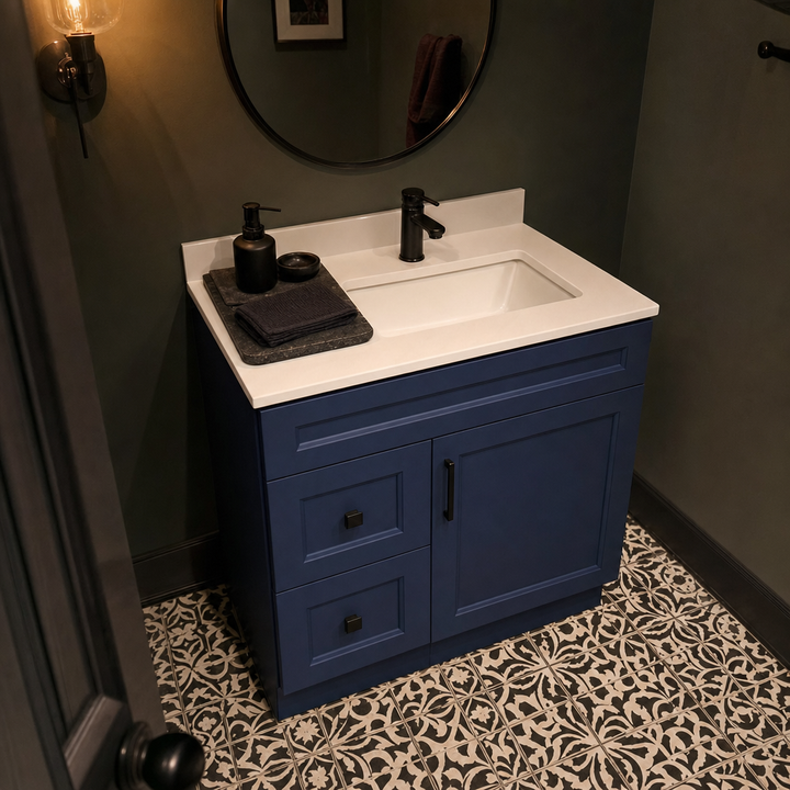 Tesoro 30-inch navy blue Shaker solid wood bathroom vanity with matte black handles