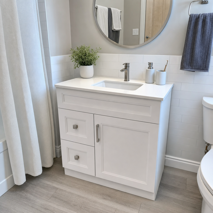 Tesoro 30-inch white Shaker solid wood bathroom vanity with brushed nickel handles in a renovated bathroom