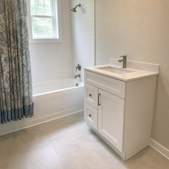 Tesoro 30-inch white Shaker solid wood bathroom vanity with brushed nickel handles beside a bathtub