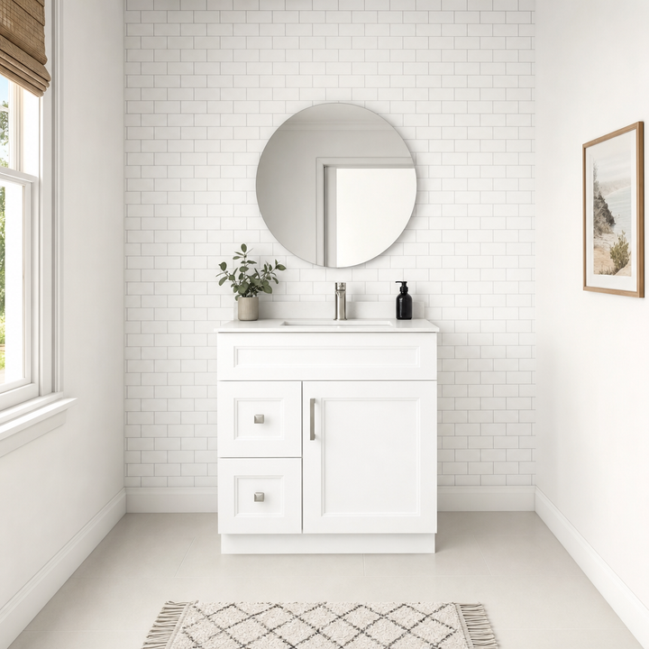 Tesoro 30-inch white Shaker solid wood bathroom vanity with brushed nickel handles and subway tile