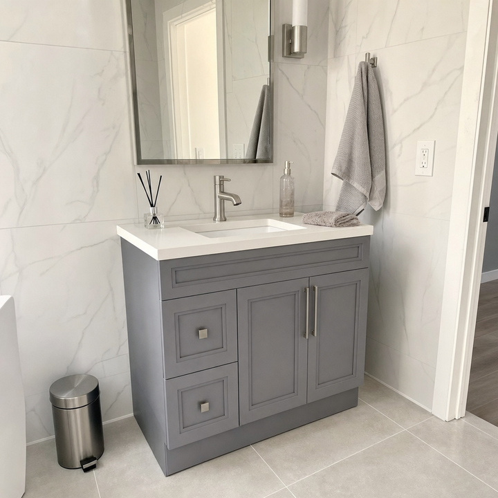 Tesoro 36-inch grey Shaker solid wood bathroom vanity with brushed nickel handles and marble tile