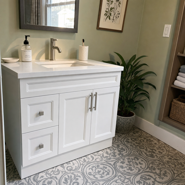 Tesoro 36-inch white Shaker solid wood bathroom vanity with brushed nickel handles in a sage green bathroom