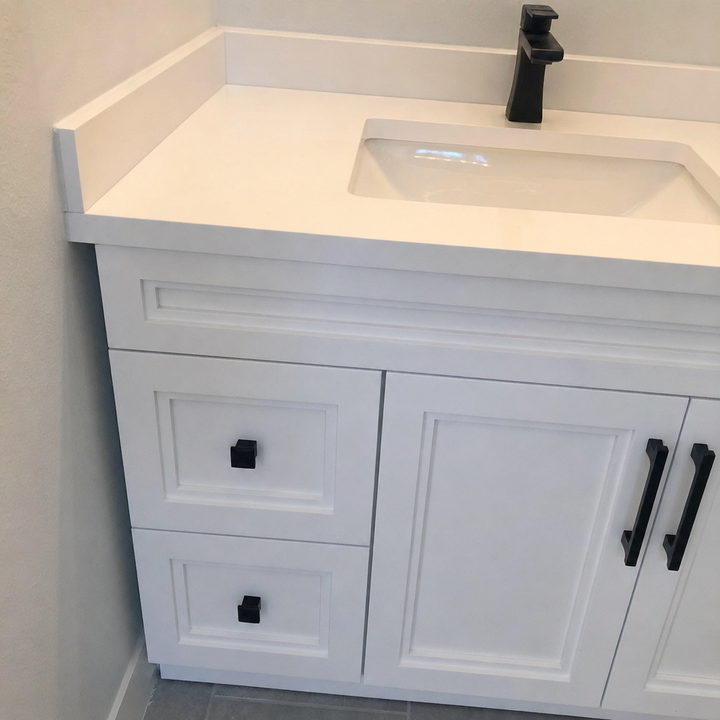 Tesoro 36-inch white Shaker solid wood bathroom vanity with matte black handles and faucet