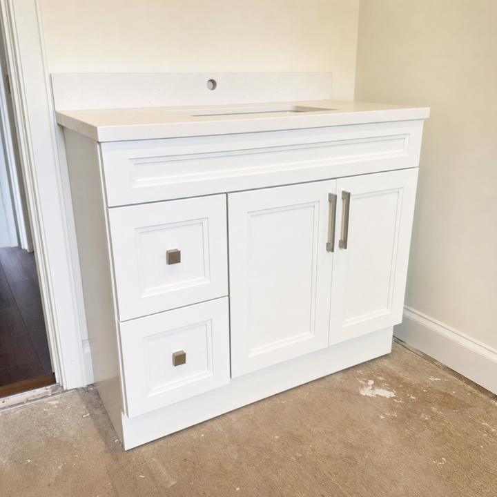 Tesoro 36-inch white Shaker solid wood bathroom vanity with brushed nickel handles newly installed