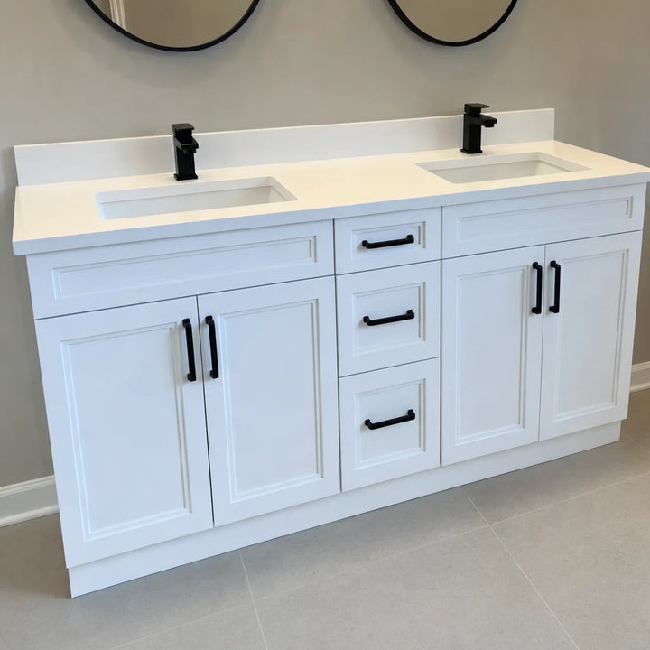 Tesoro 60-inch white double sink Shaker solid wood bathroom vanity with black handles and twin round mirrors in a modern bathroom