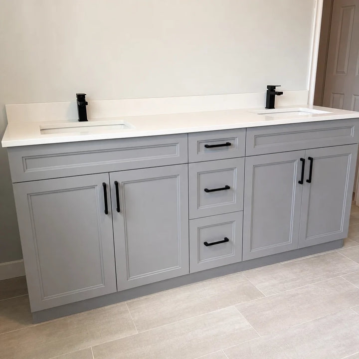 Tesoro 72-inch grey double sink Shaker solid wood bathroom vanity with black handles in a transitional bathroom with wood-look flooring