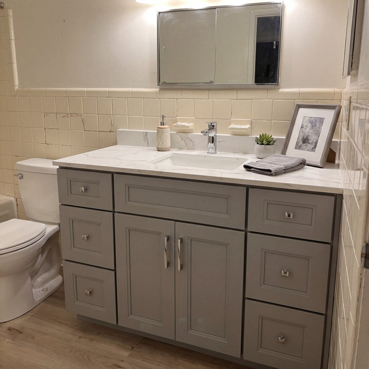 Tesoro 48" Grey Shaker vanity mid-install in a Canadian renovation