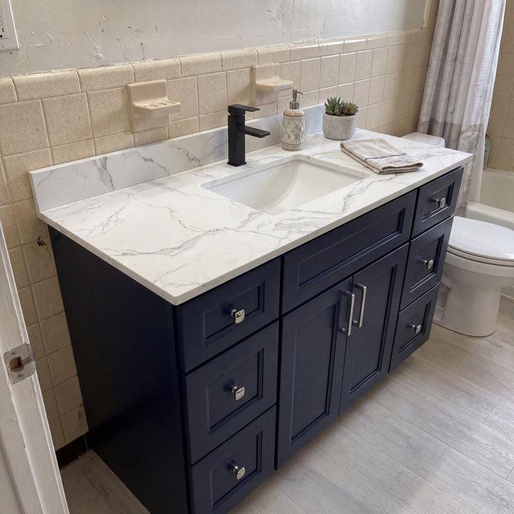Tesoro 48" Blue Shaker vanity at an angle in a Canadian home