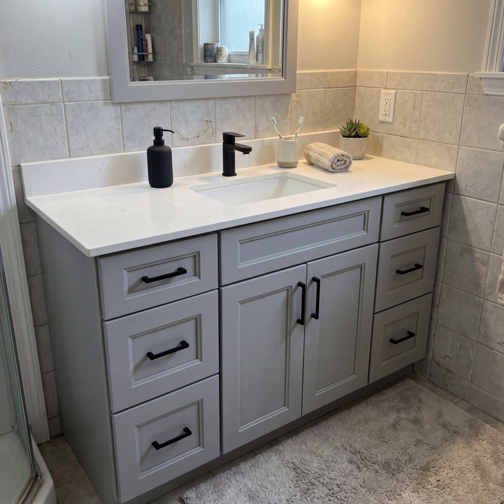 Tesoro 48" Grey Shaker vanity beside a shower curtain in a Canadian bathroom