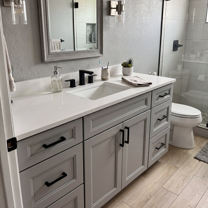Tesoro 48" Grey Shaker vanity seen from the shower in a Canadian bathroom