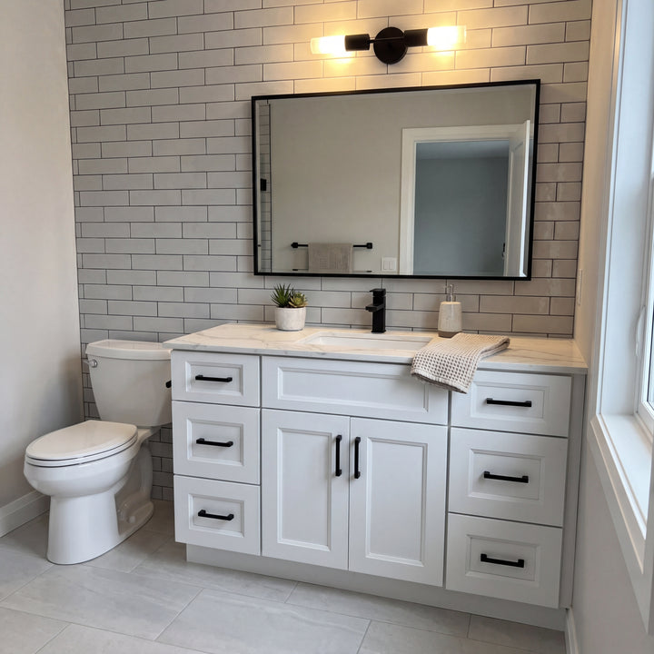 Tesoro 48" White Shaker vanity in a wide Canadian bathroom with sconces
