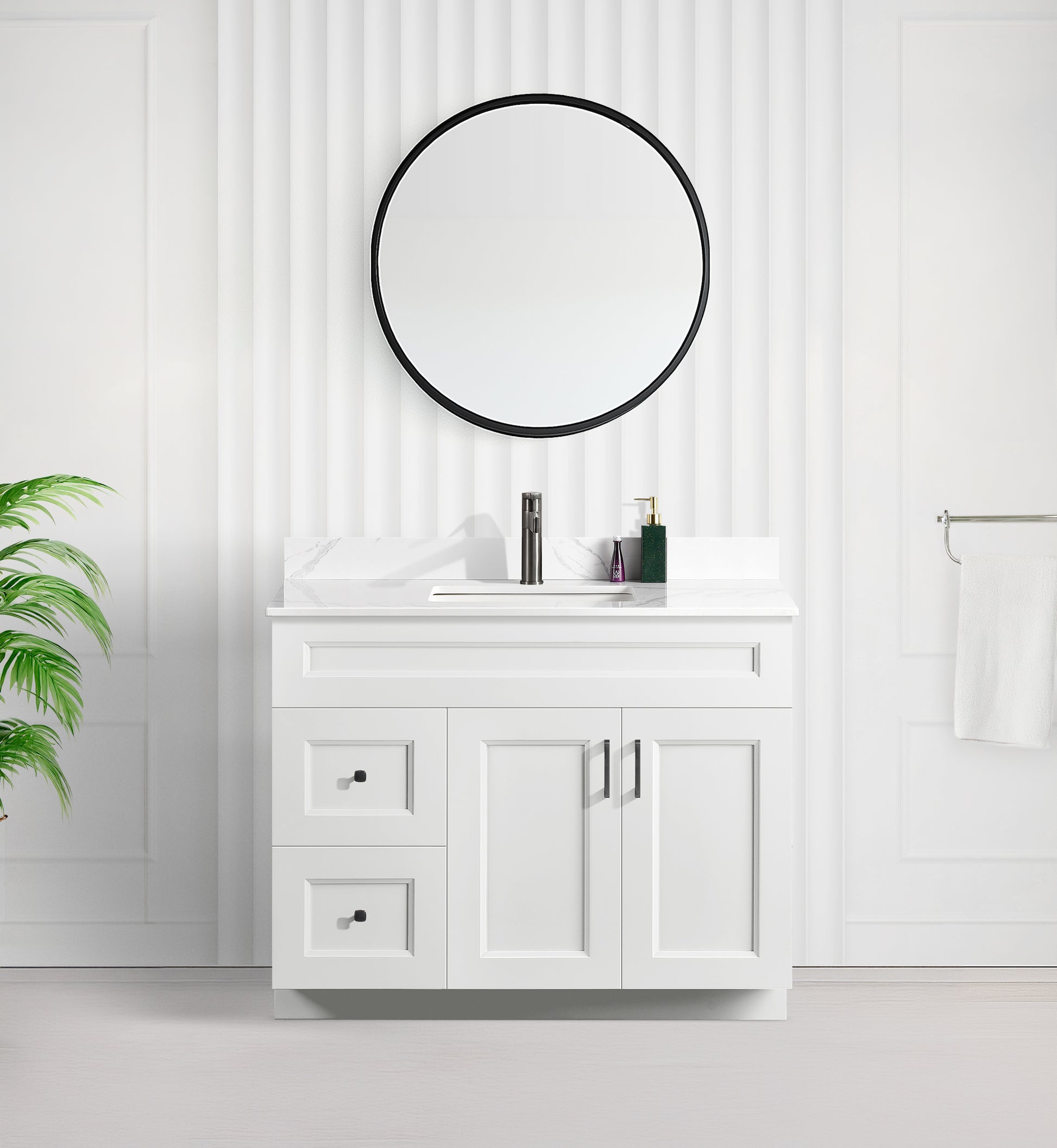 Tesoro 42" Shaker Bathroom Vanity With Quartz Countertop (Solid Wood)-Left Side Drawers