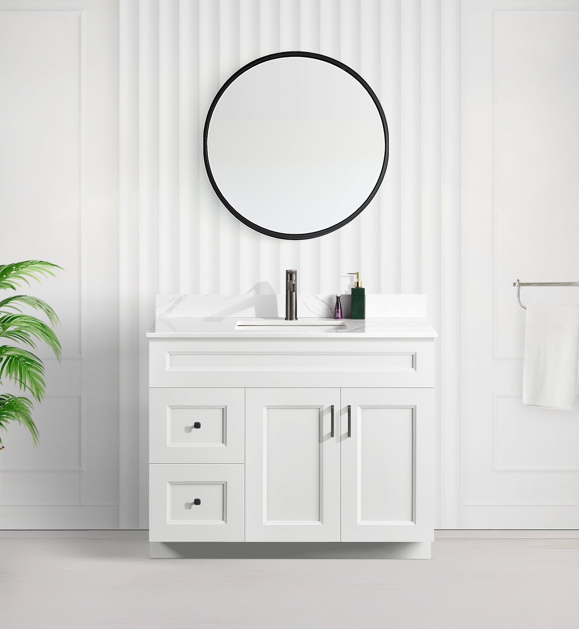 Tesoro 42" Shaker Bathroom Vanity With Quartz Countertop (Solid Wood)-Left Side Drawers