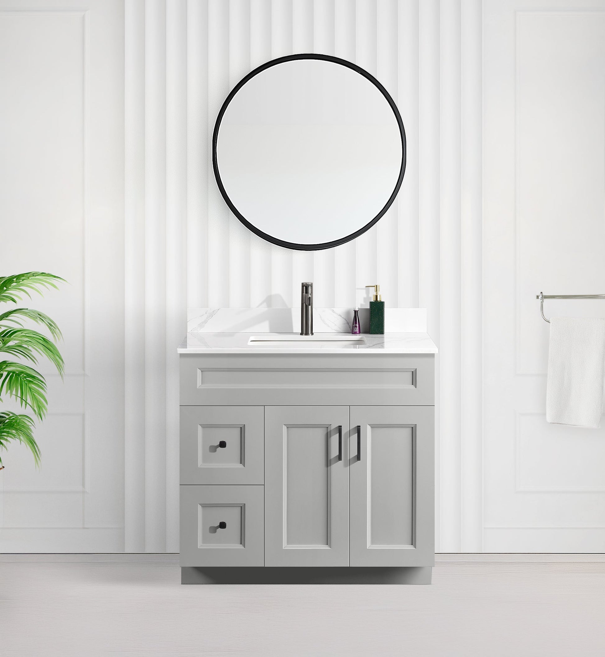 Tesoro 36" Shaker Bathroom Vanity With Quartz Countertop (MDF)-Left-Side Drawers