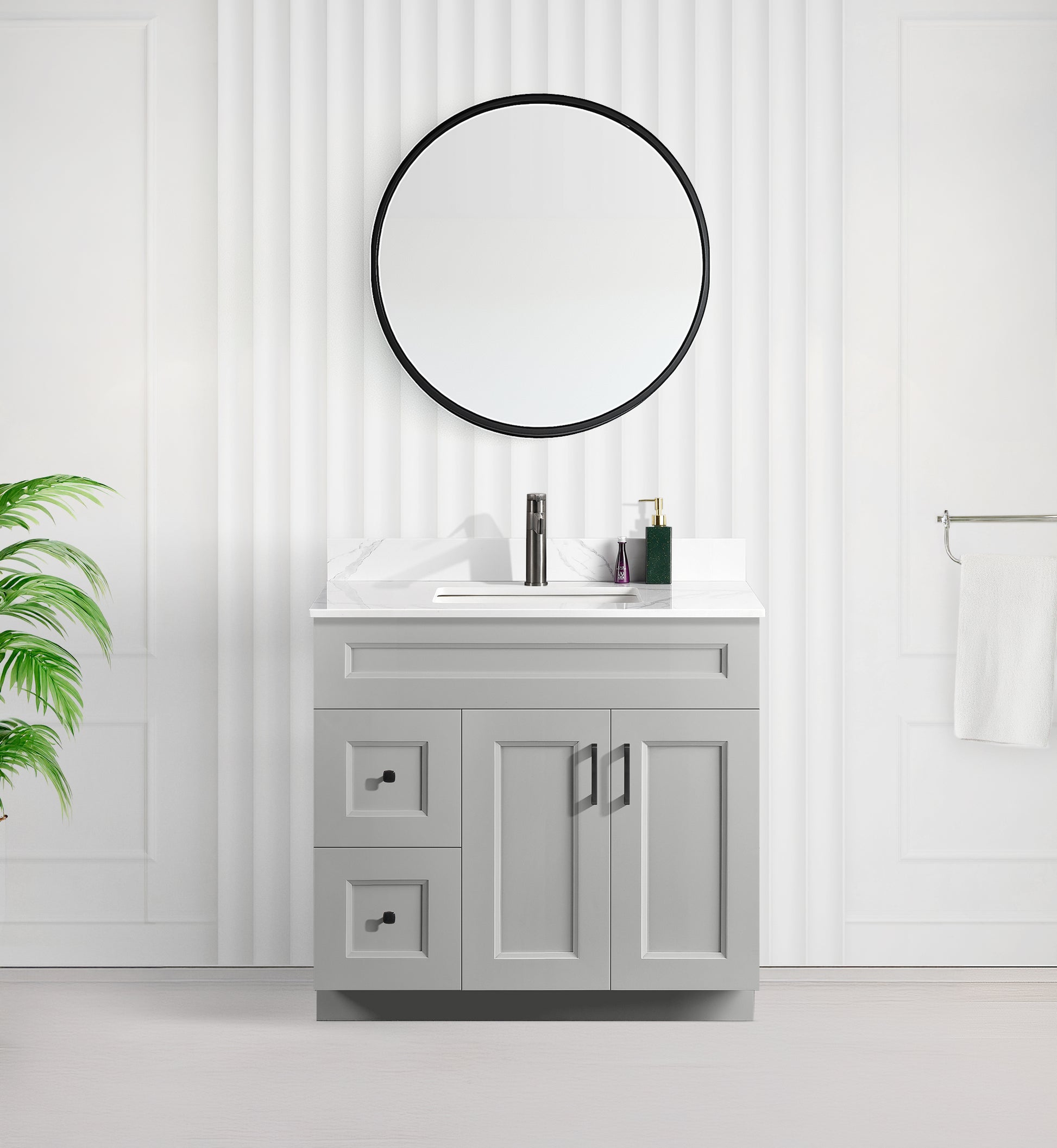 Tesoro 36" Shaker Bathroom Vanity With Quartz Countertop (MDF)-Left-Side Drawers