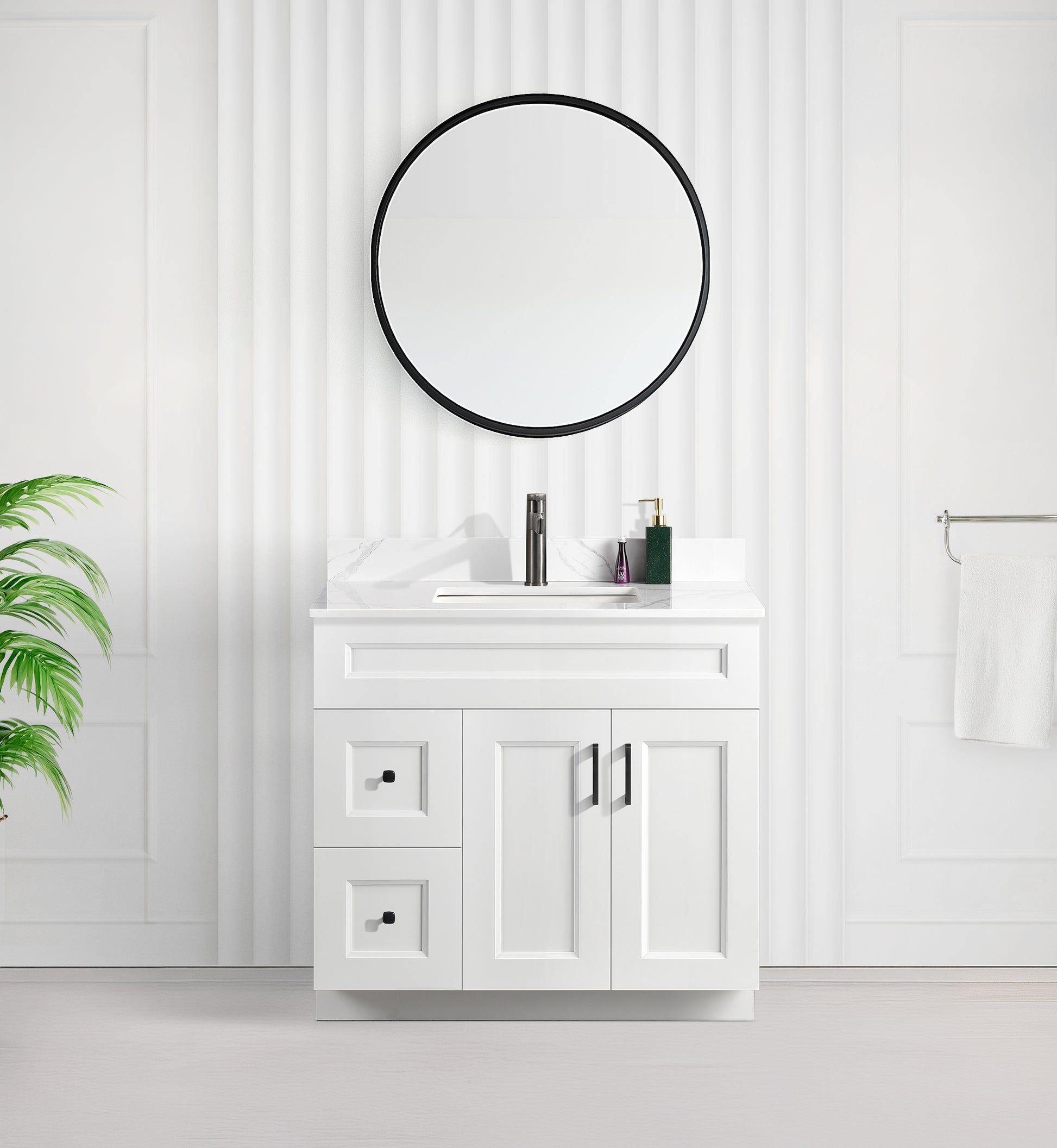 Tesoro 36" Shaker Bathroom Vanity With Quartz Countertop (MDF)-Left-Side Drawers