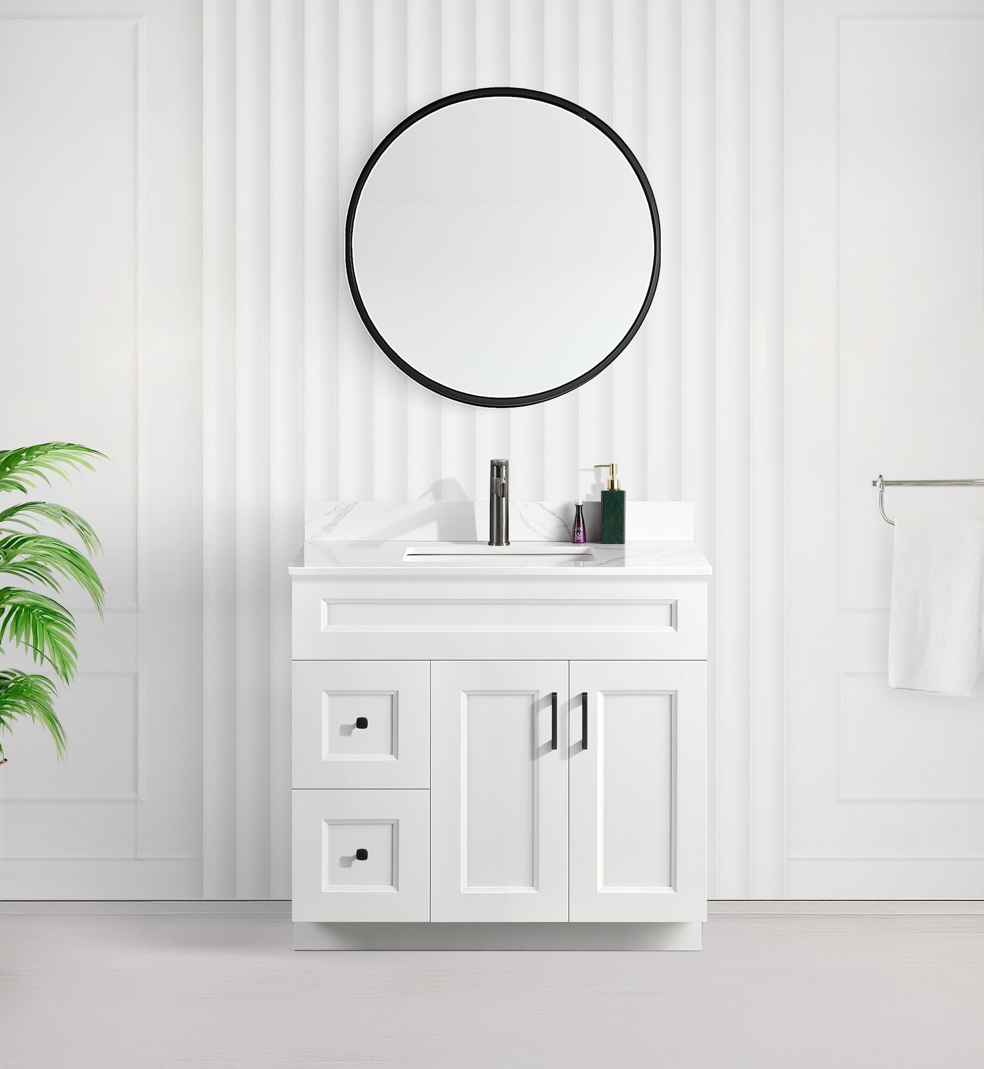 Tesoro 36" Shaker Bathroom Vanity With Quartz Countertop (MDF)-Left-Side Drawers