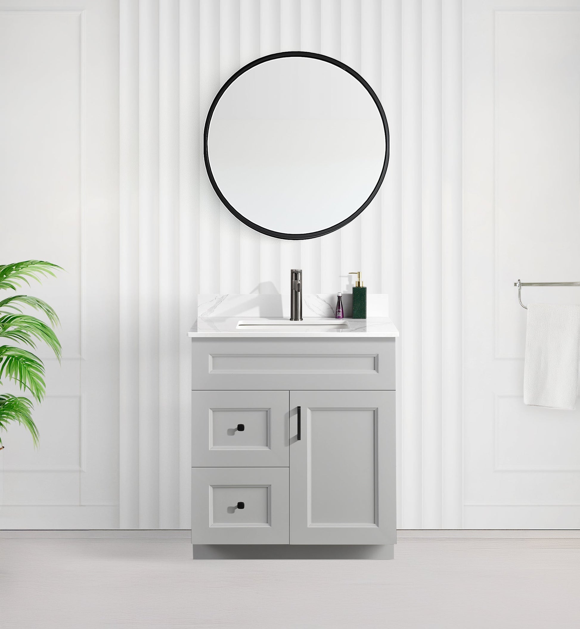 Tesoro 30" Shaker Bathroom Vanity With Quartz Countertop (Solid Wood)-Left-Side Drawers