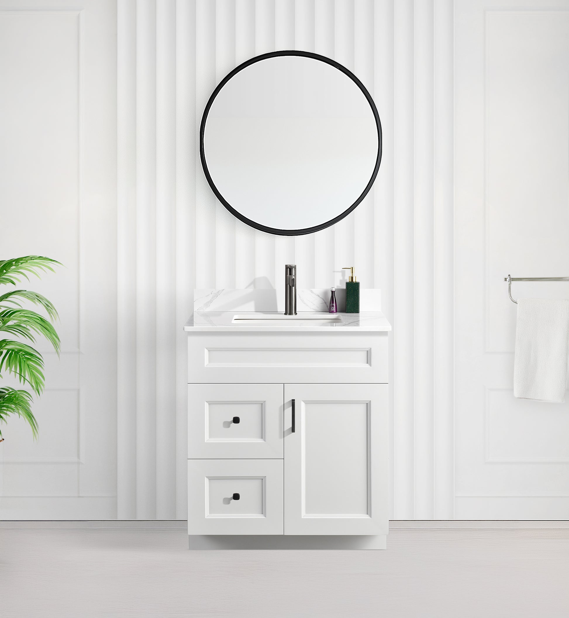 Tesoro 30" Shaker Bathroom Vanity With Quartz Countertop (Solid Wood)-Left-Side Drawers