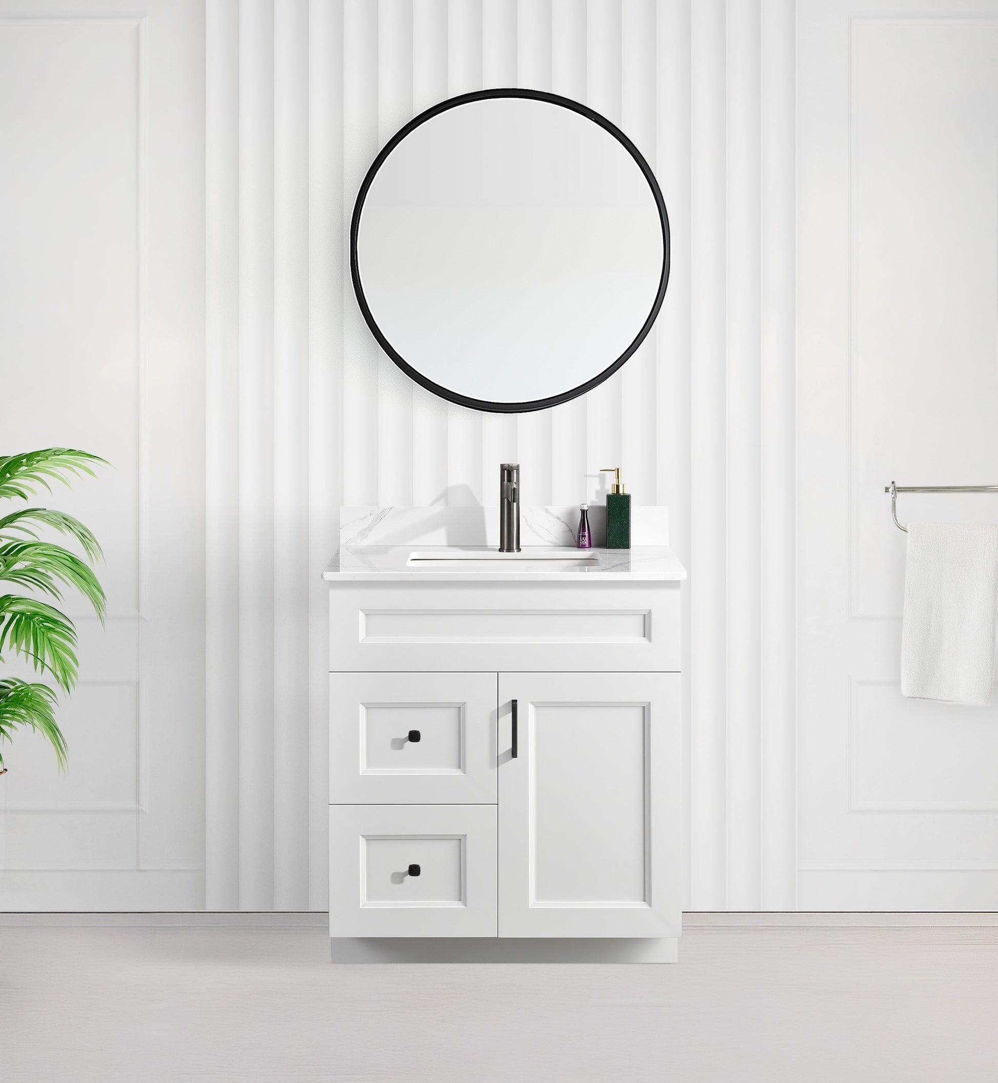 Tesoro 30" Shaker Bathroom Vanity With Quartz Countertop (Solid Wood)-Left-Side Drawers