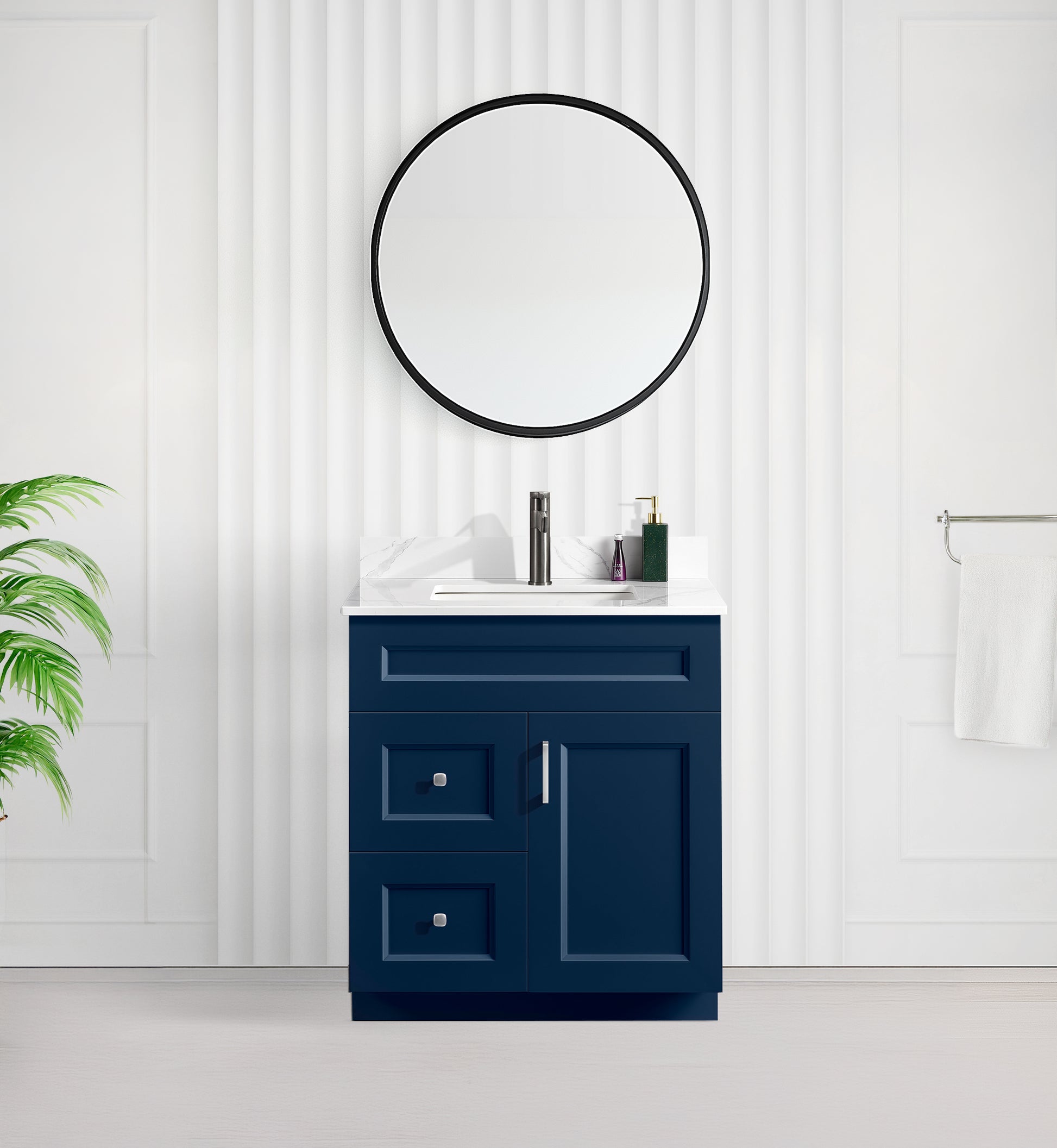 Tesoro 30" Shaker Bathroom Vanity With Quartz Countertop (Solid Wood)-Left-Side Drawers