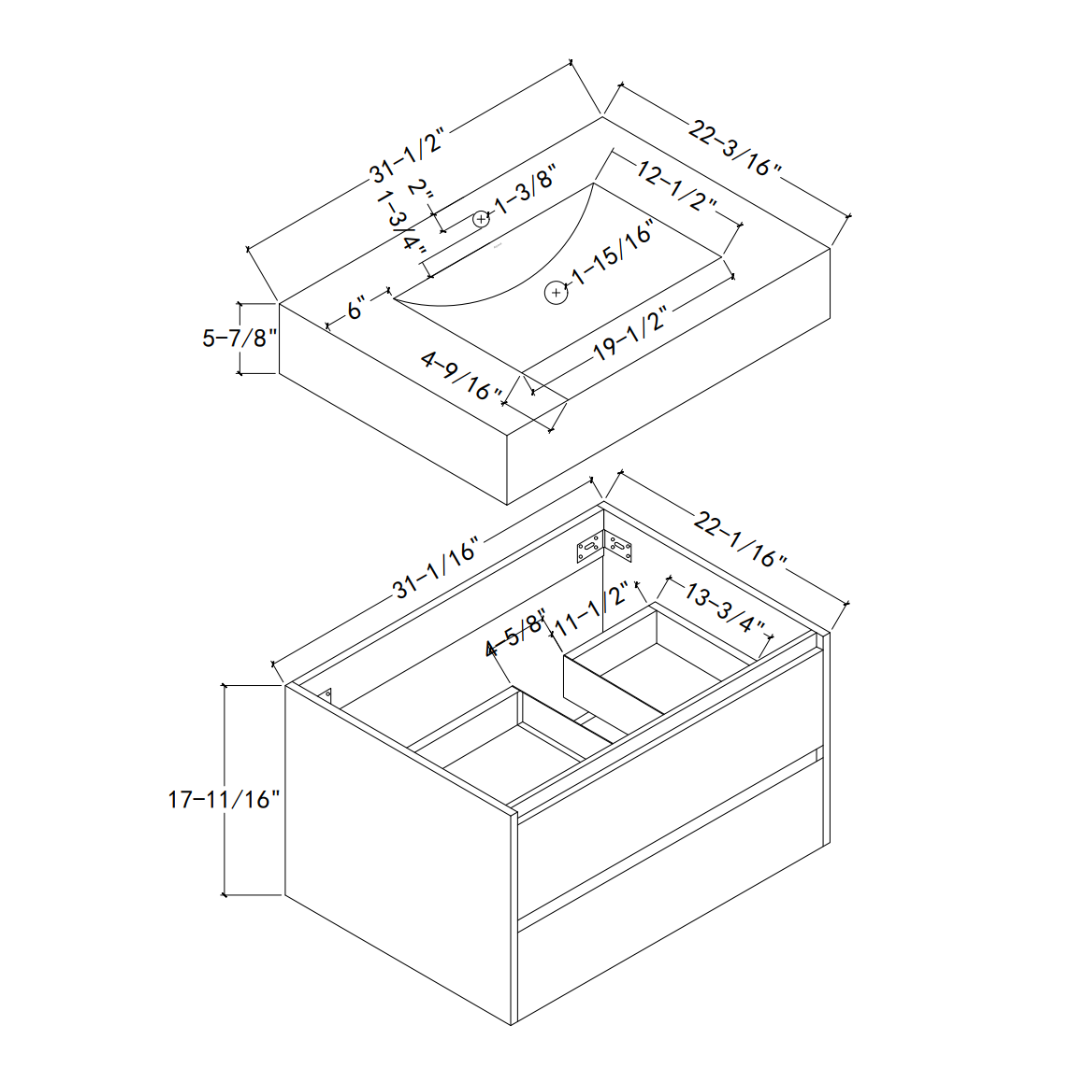 Aventino 32-inch nature oak vanity — isometric dimension drawing