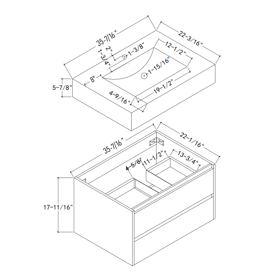 Aventino 36-inch nature oak vanity — isometric dimension drawing