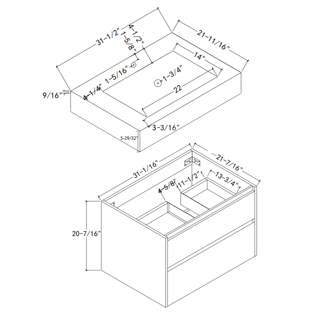 Aventino 40-inch nature oak vanity — isometric dimension drawing