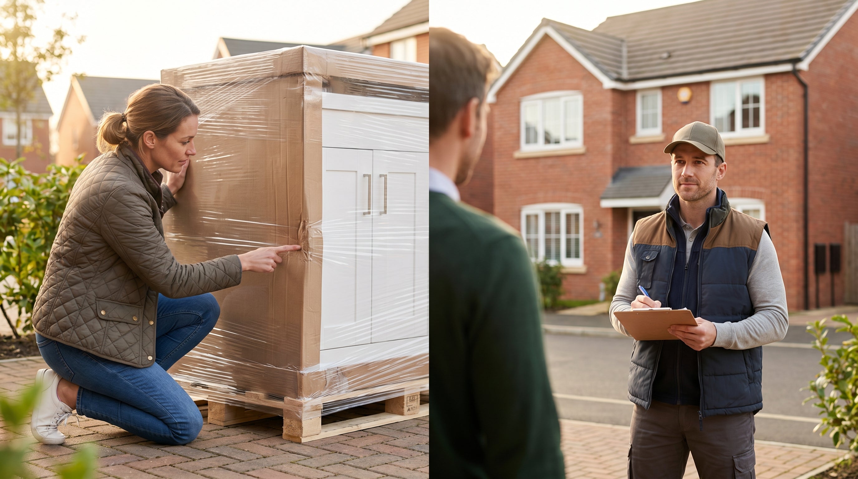 Home Care Supply delivery driver and customer reviewing a freight shipment together at the driveway