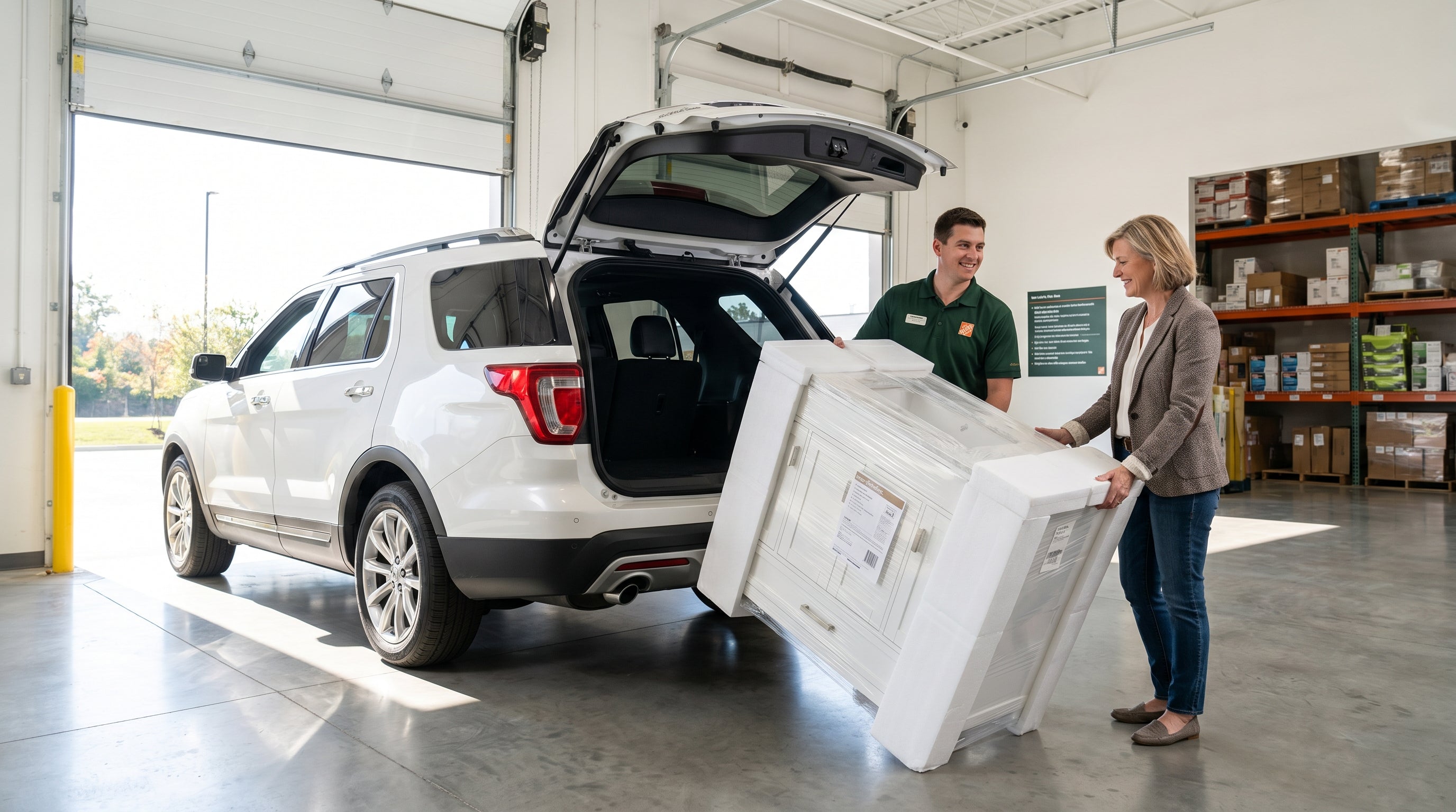 Home Care Supply customer pickup bay — staff assisting with vanity loading