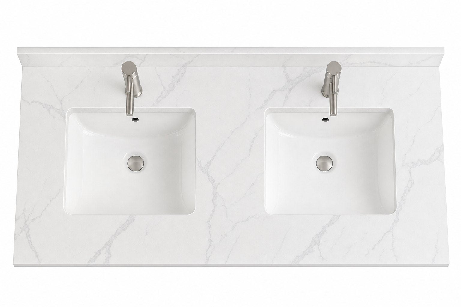 Bridgeport 60 inch 2 cm Carrara-look quartz countertop, top-down view with two ceramic undermount sinks