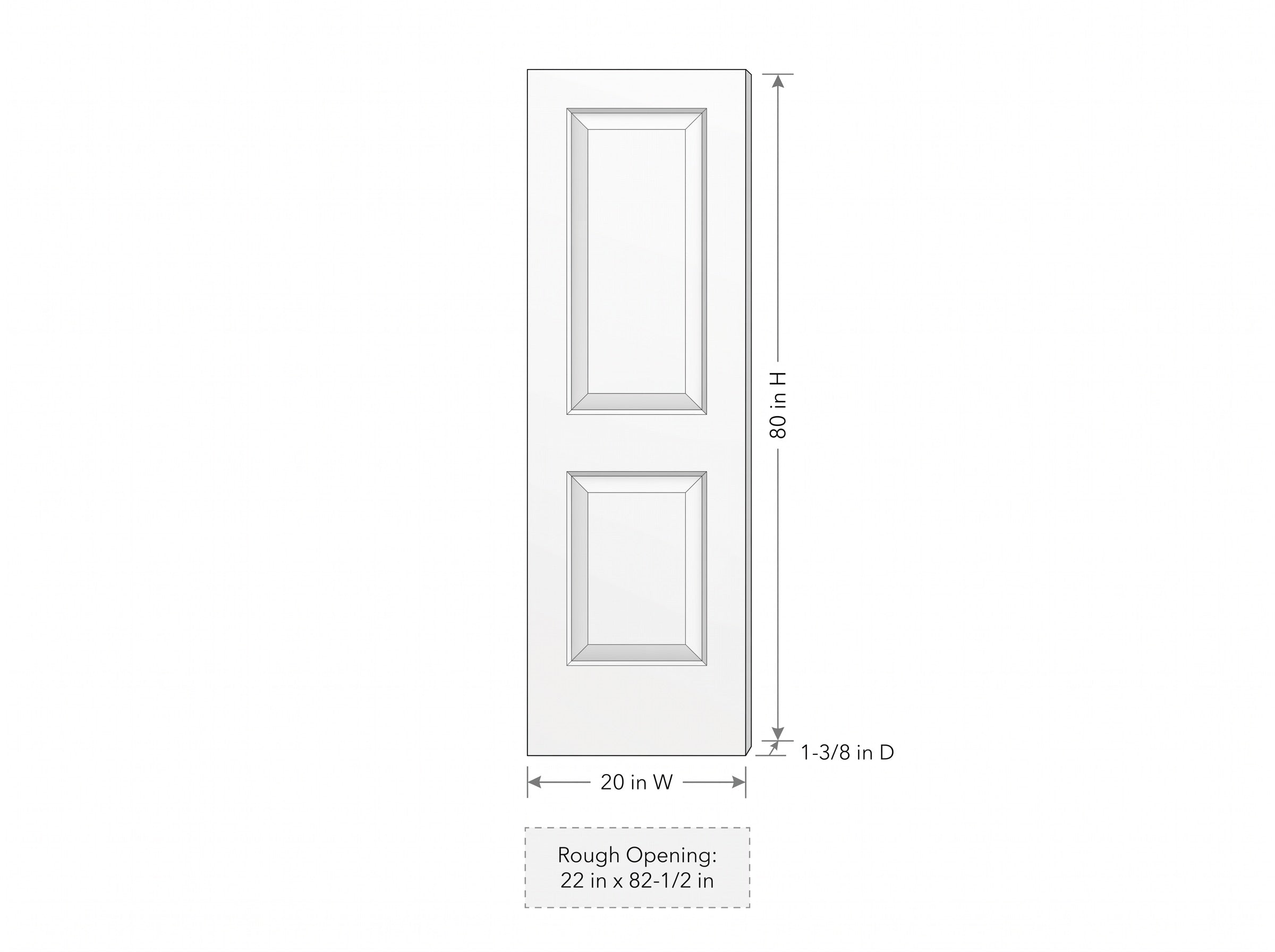 Door dimension diagram: 20 inch wide, 80 inch tall, 1-3/8 inch deep. Rough opening 22 by 82.5 inches.
