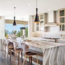 home care supply contemporary kitchen featuring sleek marble countertops and stylish pendant lights
