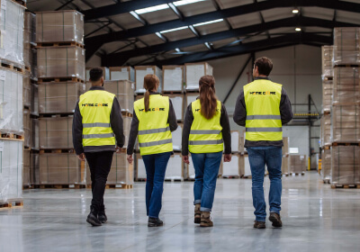 home care supply three people in yellow vests walking through a warehouse