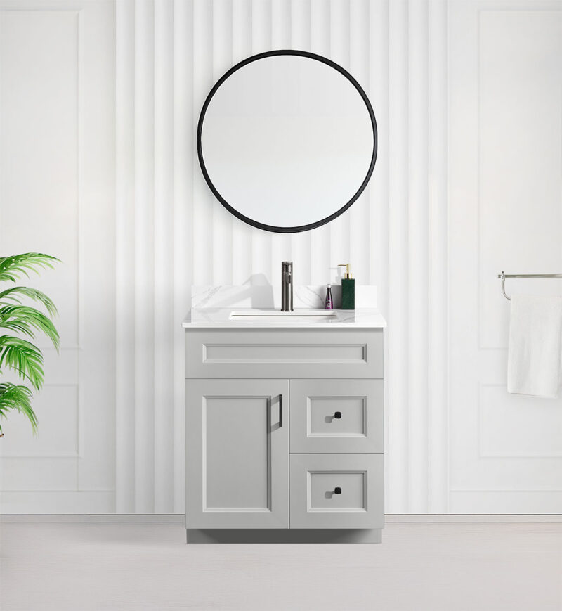 Tesoro 30″ Grey Shaker Bathroom Vanity With Quartz Countertop (Solid Wood)