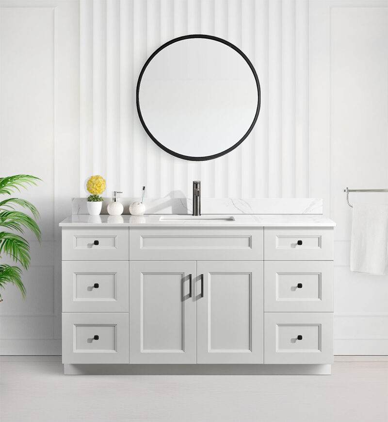 Tesoro 60″ Single Sink Grey Shaker Bathroom Vanity With Quartz Countertop (Solid Wood)