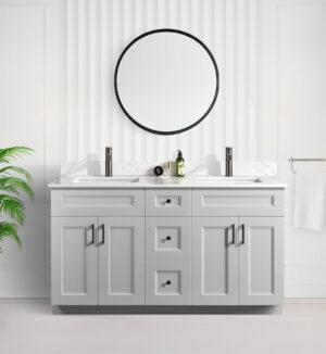 Tesoro Grey 60″ Double Sink Shaker Bathroom Vanity With Quartz Countertop (Solid Wood)