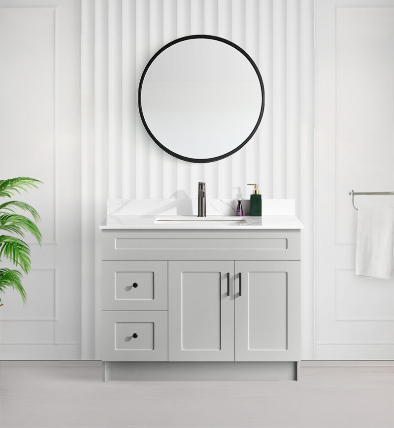 Tesoro 42″ Shaker Bathroom Vanity In Grey With Quartz Countertop (MDF) 1