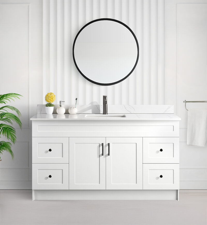 Tesoro 60″ Single Sink Shaker Bathroom Vanity In White With Quartz Countertop (MDF)