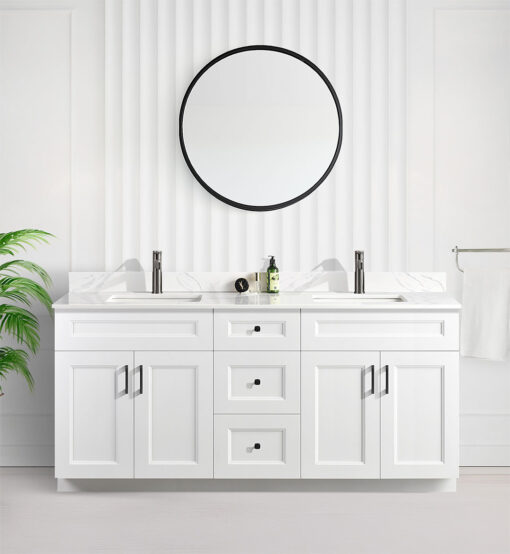 Tesoro 72″ White Double Sink Shaker Bathroom Vanity With Quartz Countertop (Solid Wood)