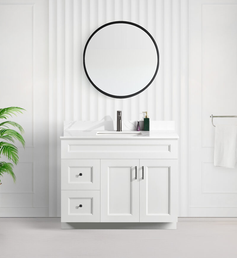 Tesoro 42″ white Shaker Bathroom Vanity With Quartz Countertop (Solid Wood)