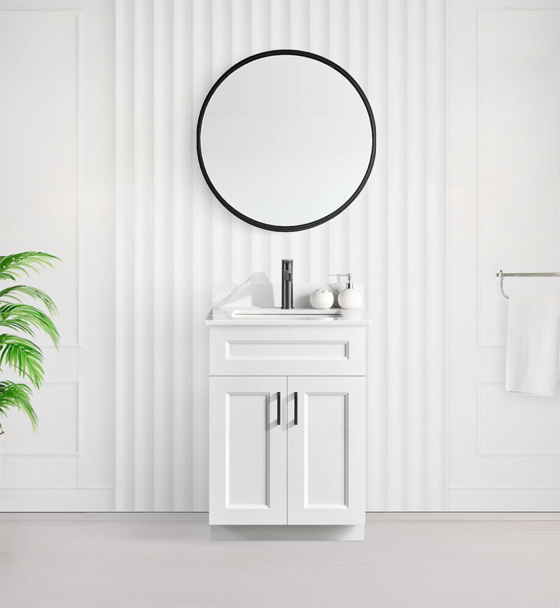 Tesoro 24″ white Shaker Bathroom Vanity With Quartz Countertop Solid Wood