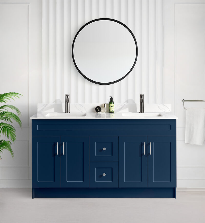 Tesoro 6022 Double Sink Shaker Bathroom Vanity In Blue With Quartz Countertop MDF