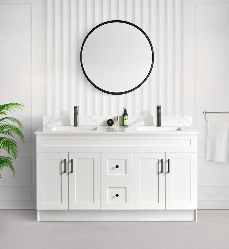 Tesoro 6022 Double Sink Shaker Bathroom Vanity In White With Quartz Countertop MDF
