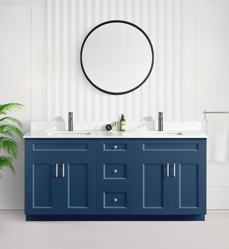 Tesoro 72″ Blue Double Sink Shaker Bathroom Vanity With Quartz Countertop Solid Wood